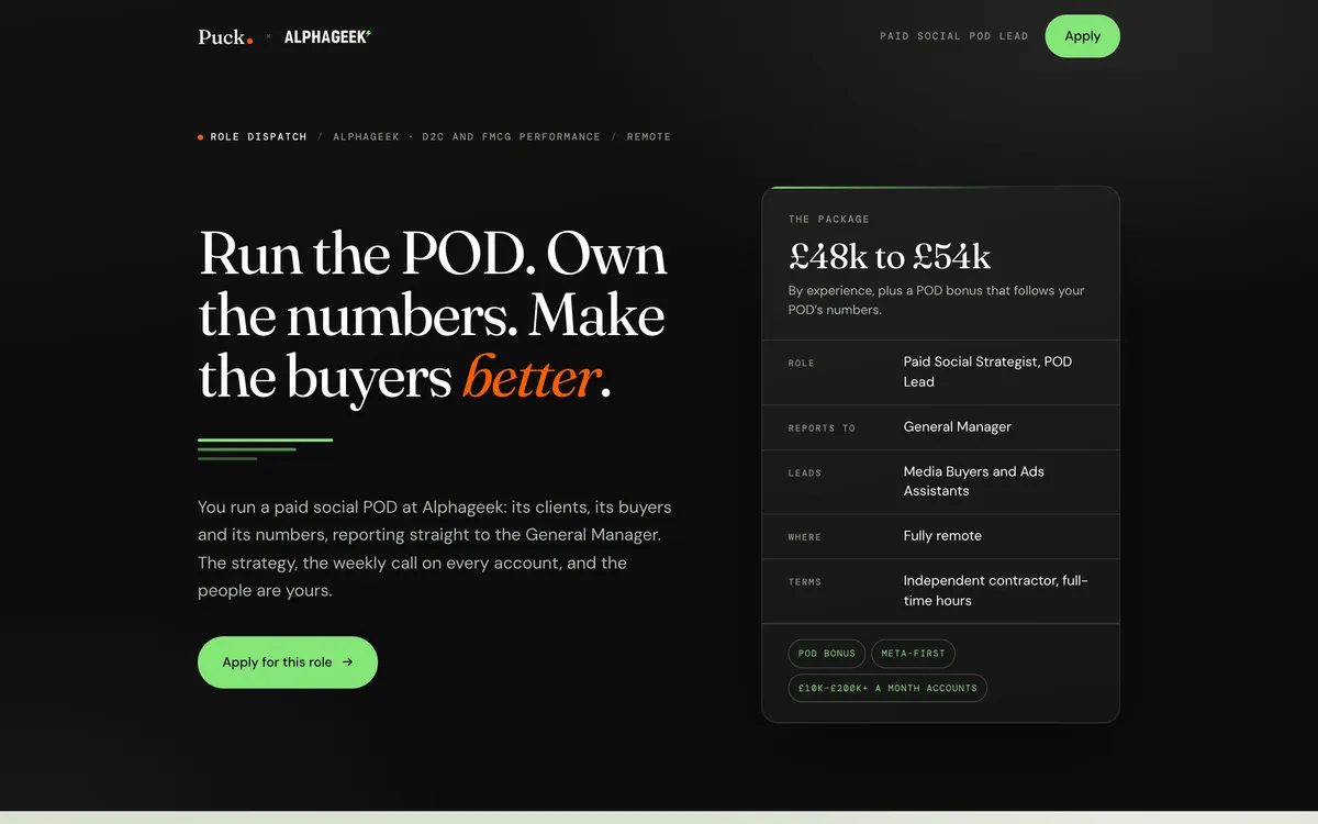 The first screen of the role page for Paid Social Strategist, POD Lead at Alphageek, in Alphageek’s own colours.