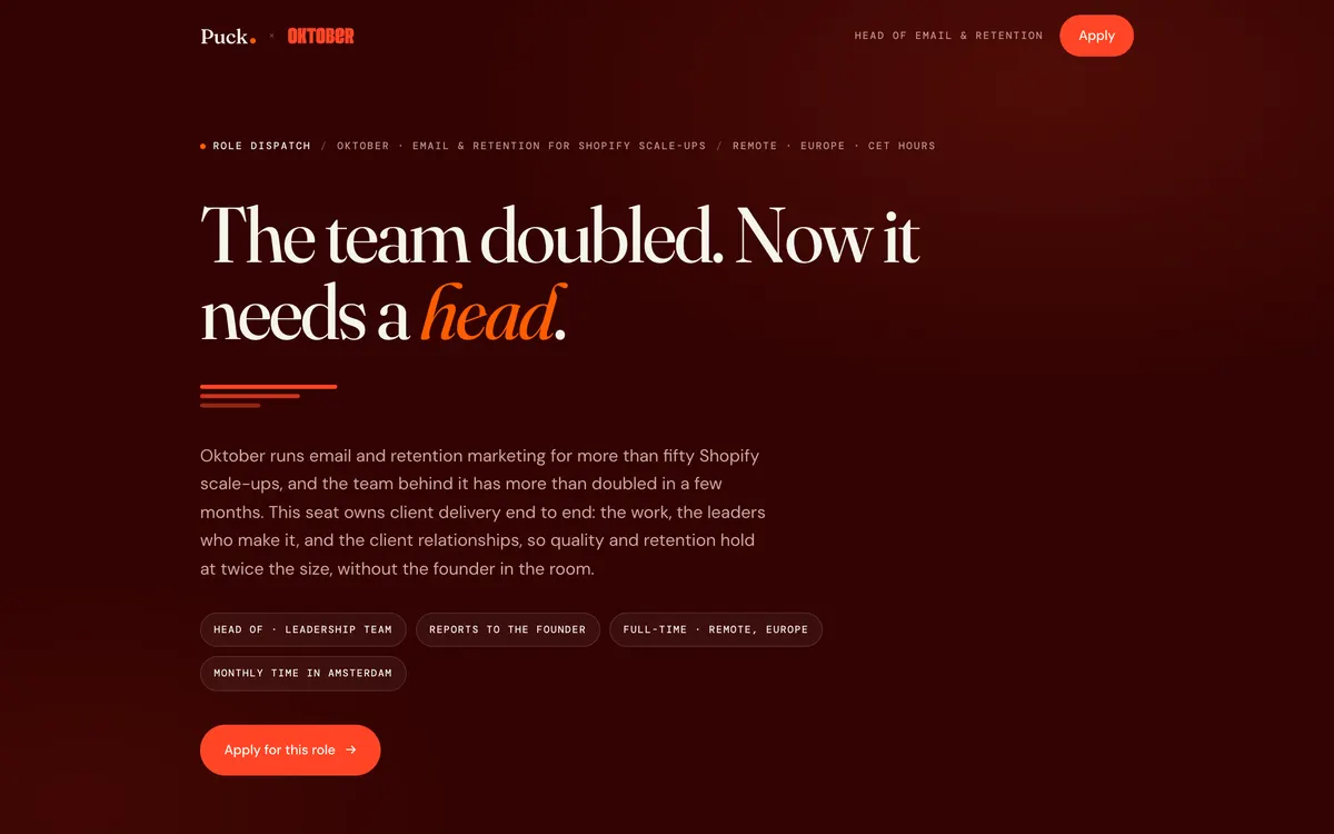 The first screen of the role page for Head of Email & Retention at Oktober, in Oktober’s own colours.